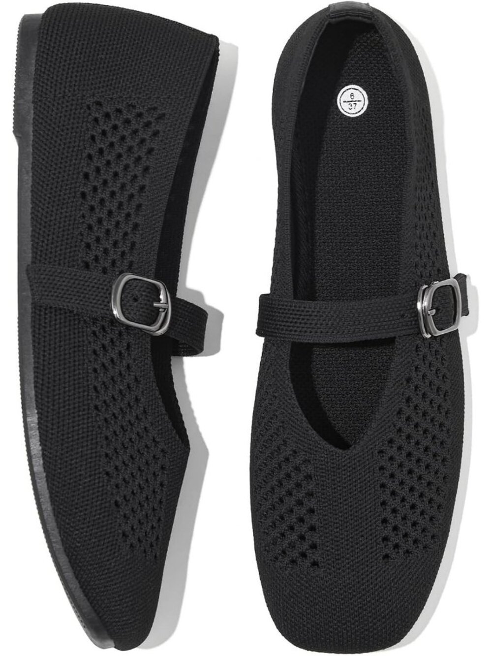 Women's Black Square Toe Knit Buckle Ballet Flats Comfortable Casual Shoes